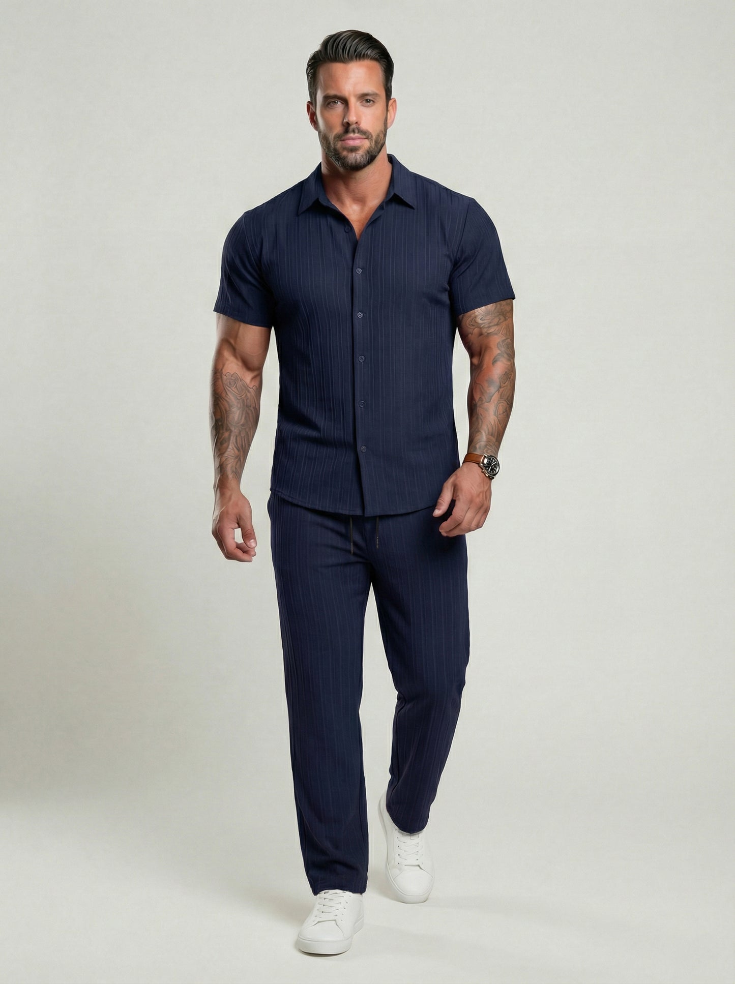 KZZ Men's Two-piece Suit Shirt and Elastic Waist Pants Set