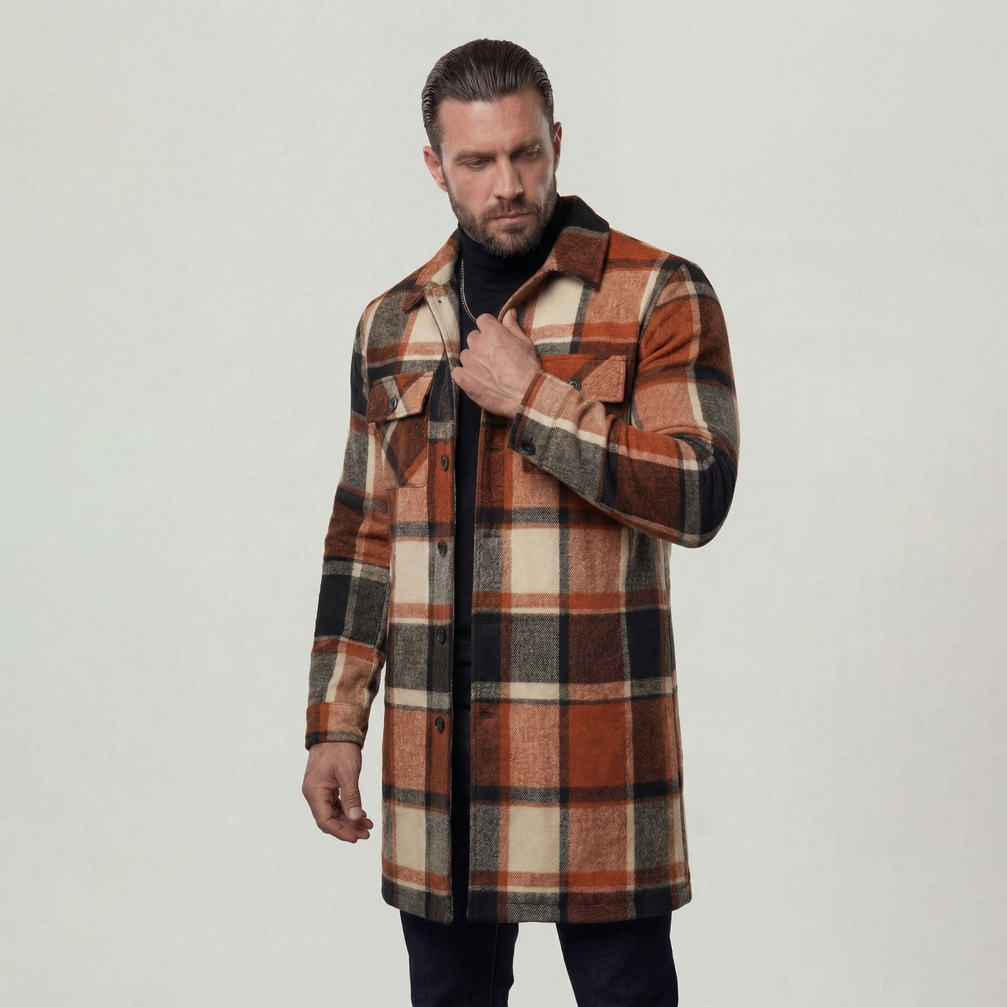 KZZ Men's plaid check long coat, with a buttoned lapel, loose fit