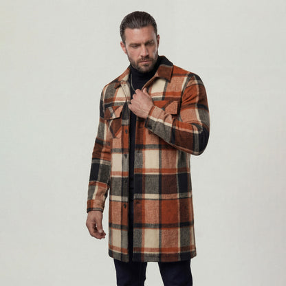KZZ Men's plaid check long coat, with a buttoned lapel, loose fit