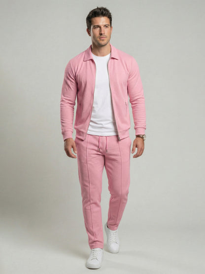 KZZ Sporty Two-piece Set Men's Plain Zip Up Jacket & Drawstring Waist Pants Tracksuit Set