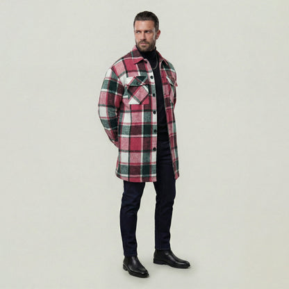 KZZ Men's plaid check long coat, with a buttoned lapel, loose fit