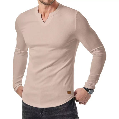 KZZ Men's Solid Casual Shirt Slim Fit T-Shirt, V-Neck Long Ribbed T-Shirt