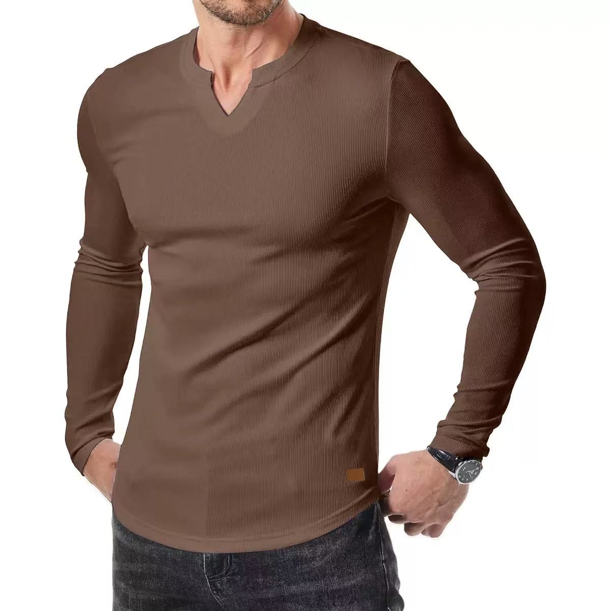 KZZ Men's Solid Casual Shirt Slim Fit T-Shirt, V-Neck Long Ribbed T-Shirt